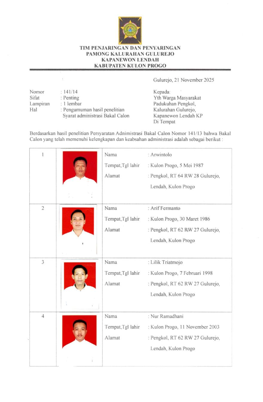 PENGUMUMAN HASIL PENELITIAN SYARAT ADMINISTRASI BAKAL CALON DUKUH PENGKOL